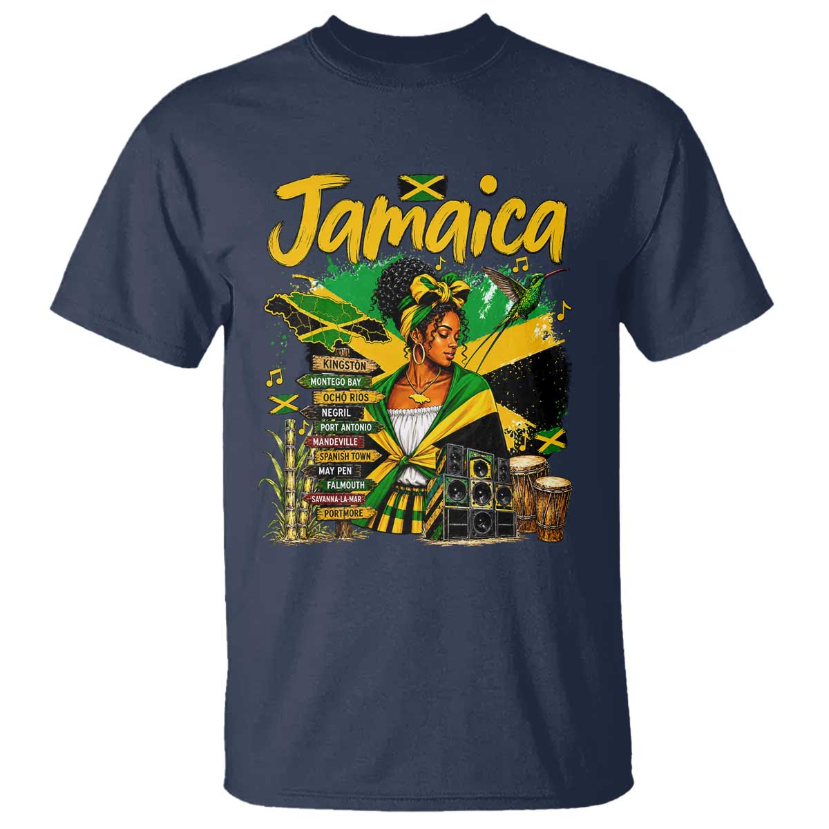 Proud Jamaican Queen Jamaica Roots Heritage T Shirt Doctor Bird and Island Landmarks Graphic