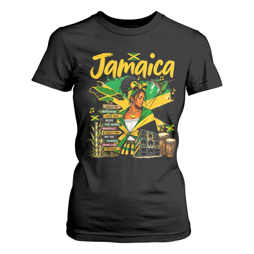 Proud Jamaican Queen Jamaica Roots Heritage T Shirt For Women Doctor Bird and Island Landmarks Graphic
