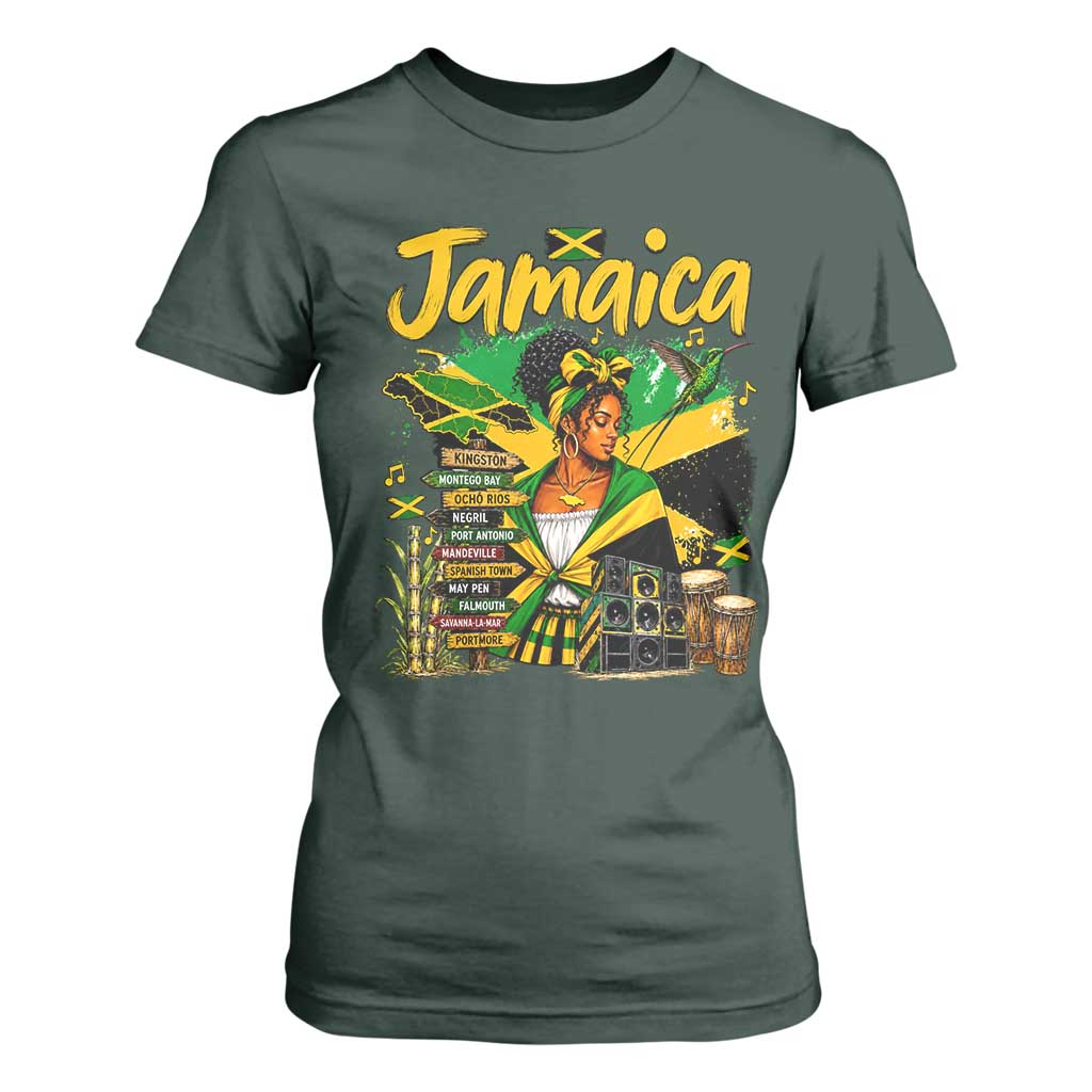 Proud Jamaican Queen Jamaica Roots Heritage T Shirt For Women Doctor Bird and Island Landmarks Graphic