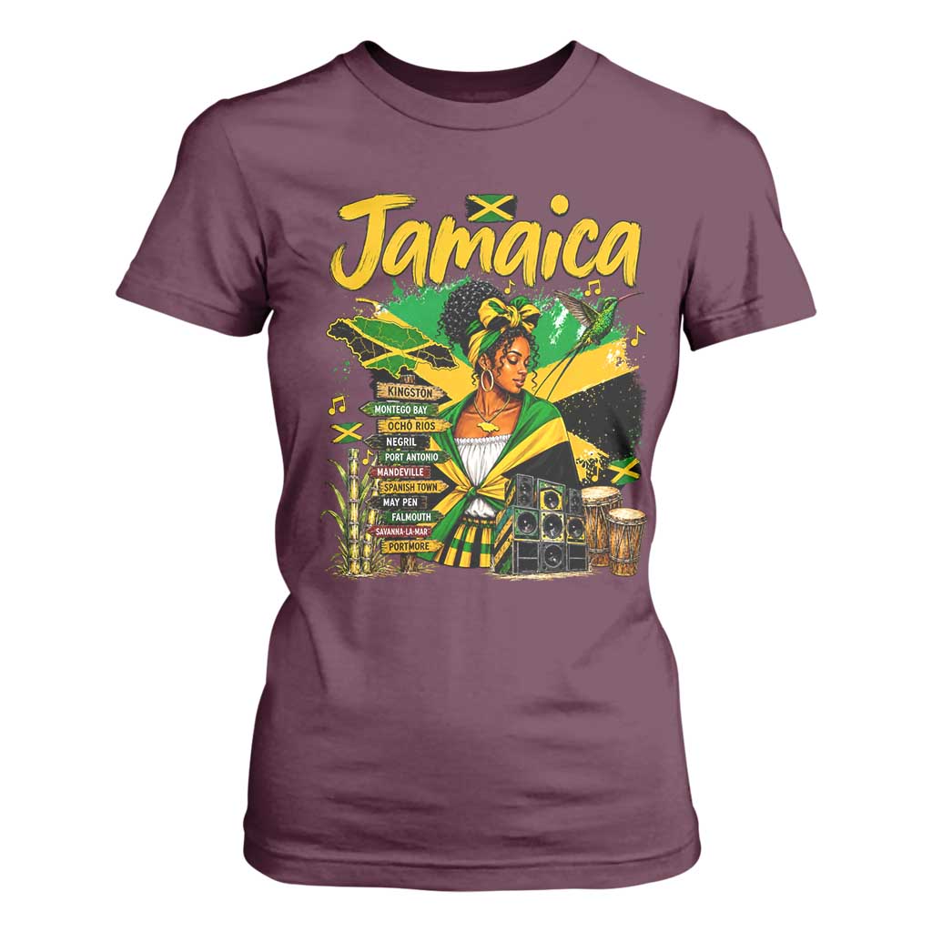 Proud Jamaican Queen Jamaica Roots Heritage T Shirt For Women Doctor Bird and Island Landmarks Graphic