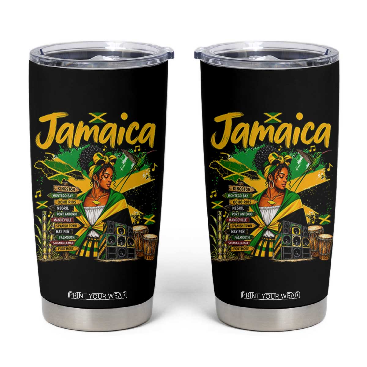 Proud Jamaican Queen Jamaica Roots Heritage Tumbler Cup Doctor Bird and Island Landmarks Graphic