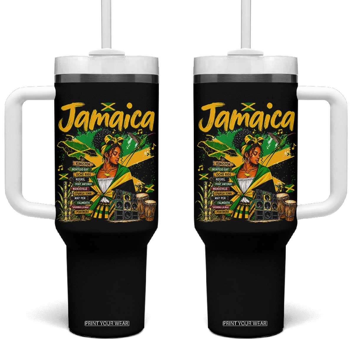 Proud Jamaican Queen Jamaica Roots Heritage Tumbler With Handle Doctor Bird and Island Landmarks Graphic TS02 One Size: 40 oz Black Print Your Wear