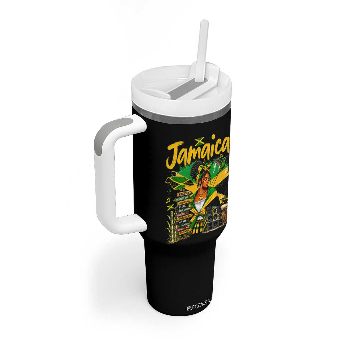 Proud Jamaican Queen Jamaica Roots Heritage Tumbler With Handle Doctor Bird and Island Landmarks Graphic