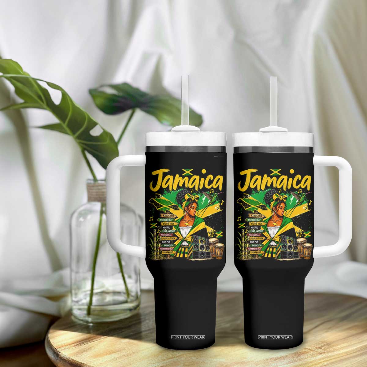 Proud Jamaican Queen Jamaica Roots Heritage Tumbler With Handle Doctor Bird and Island Landmarks Graphic