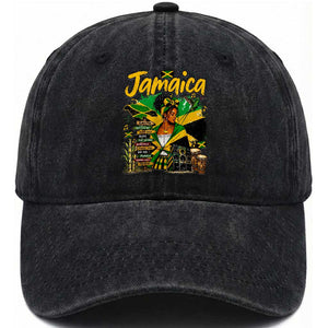 Proud Jamaican Queen Jamaica Roots Heritage Washed Cotton Baseball Cap Doctor Bird and Island Landmarks Graphic