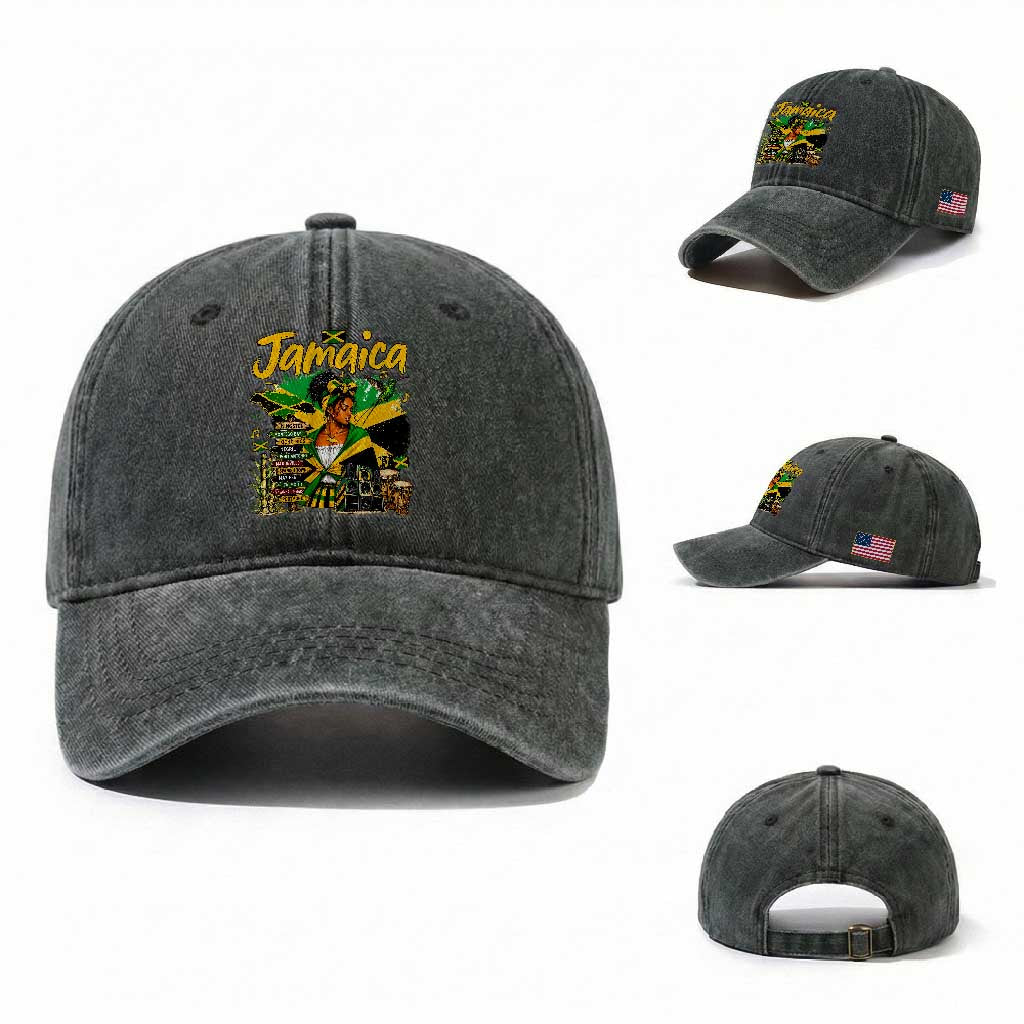 Proud Jamaican Queen Jamaica Roots Heritage Washed Cotton Baseball Cap Doctor Bird and Island Landmarks Graphic