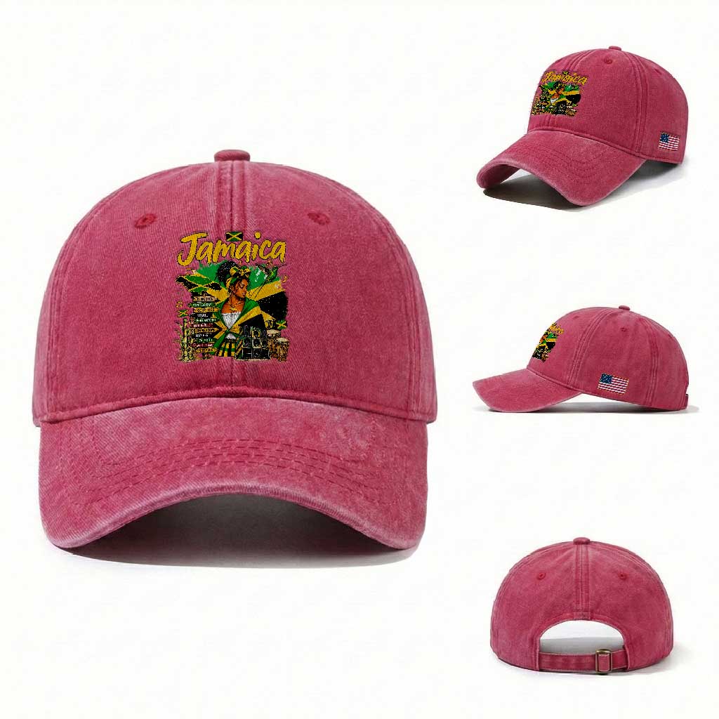 Proud Jamaican Queen Jamaica Roots Heritage Washed Cotton Baseball Cap Doctor Bird and Island Landmarks Graphic