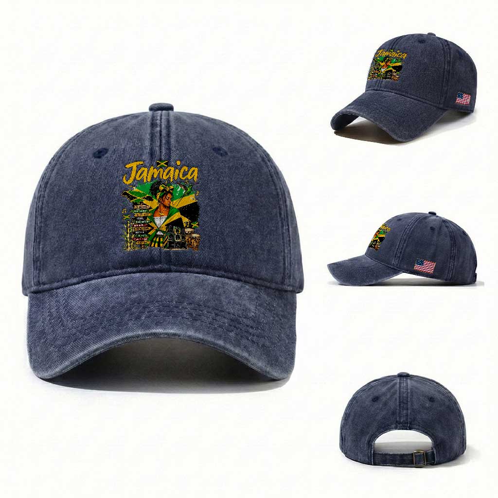 Proud Jamaican Queen Jamaica Roots Heritage Washed Cotton Baseball Cap Doctor Bird and Island Landmarks Graphic