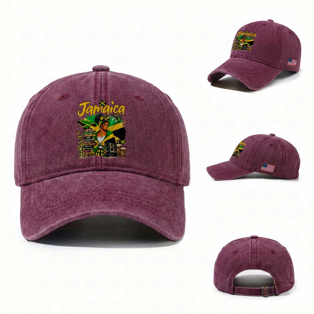 Proud Jamaican Queen Jamaica Roots Heritage Washed Cotton Baseball Cap Doctor Bird and Island Landmarks Graphic