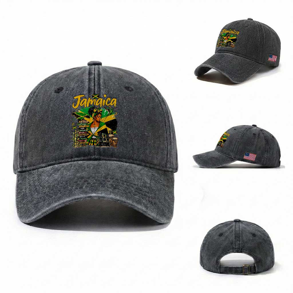 Proud Jamaican Queen Jamaica Roots Heritage Washed Cotton Baseball Cap Doctor Bird and Island Landmarks Graphic
