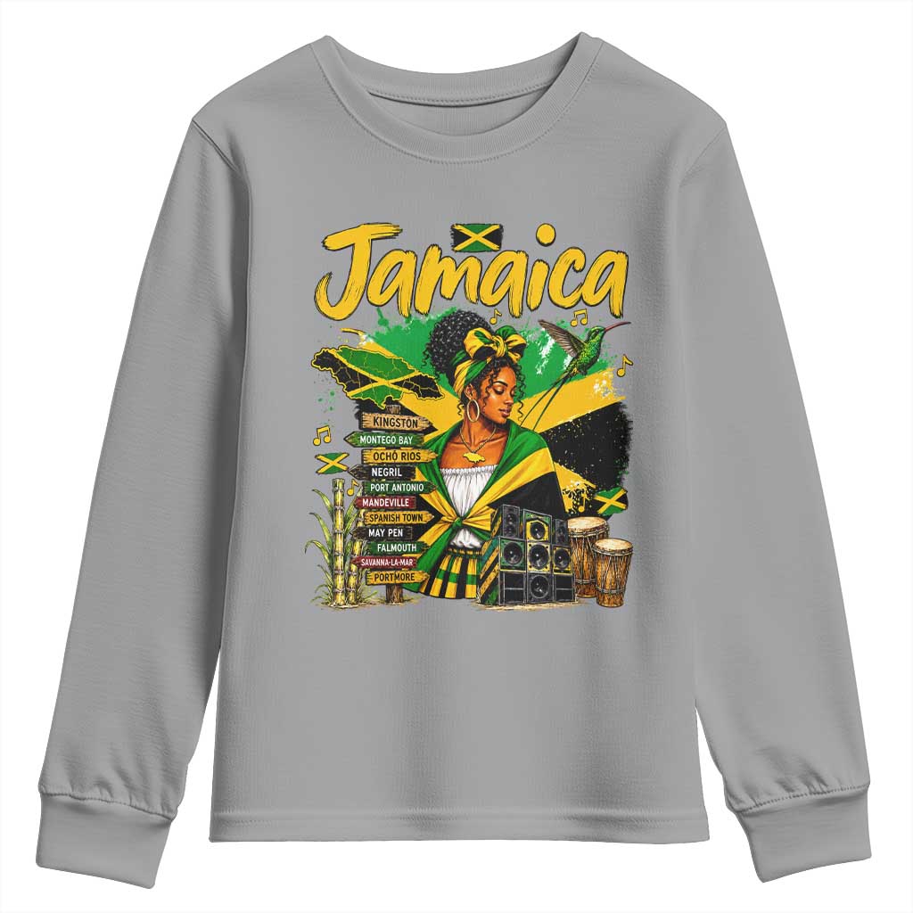 Proud Jamaican Queen Jamaica Roots Heritage Youth Sweatshirt Doctor Bird and Island Landmarks Graphic