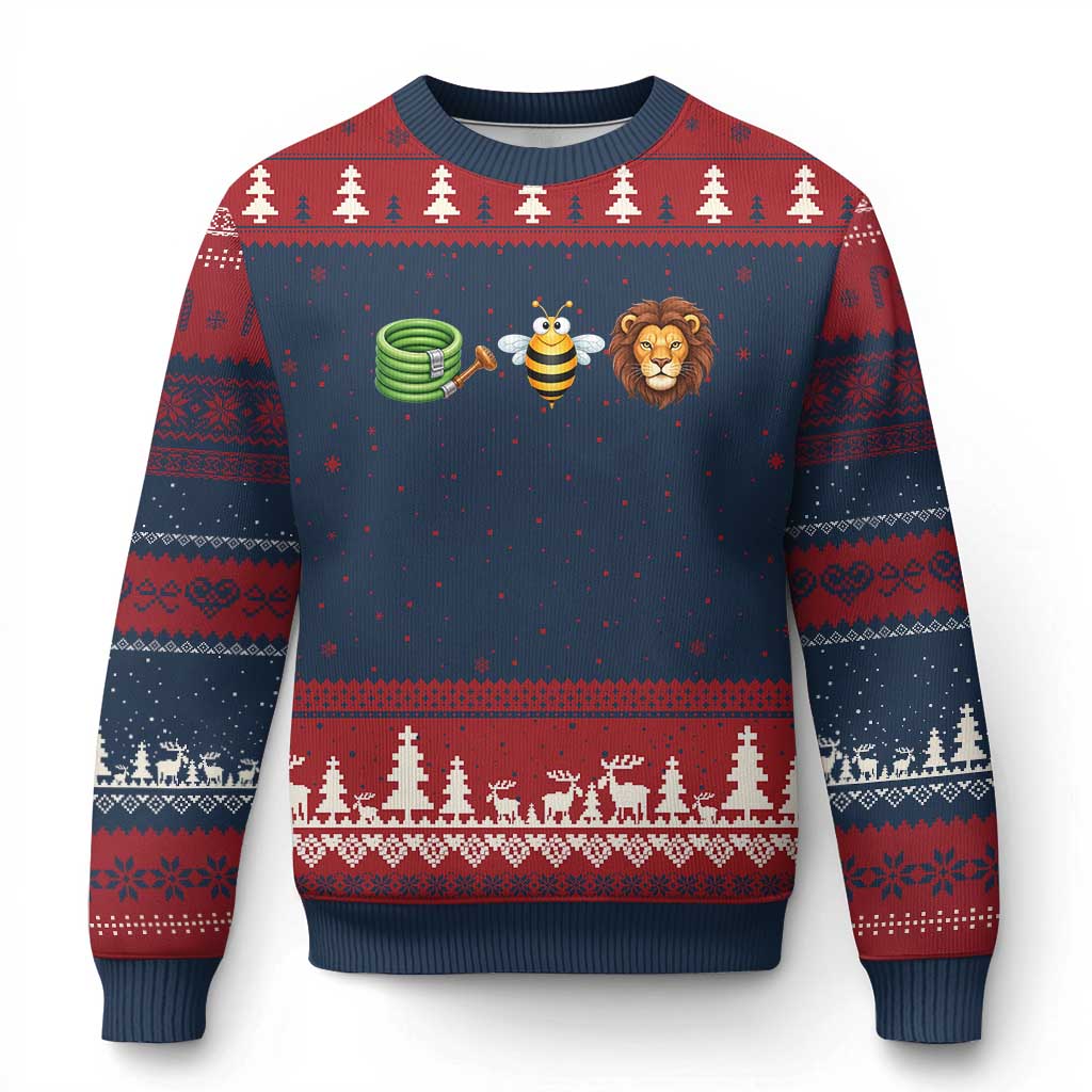 Hose Bee Lion Meme Slang Funny Wordplay Pun Graphic Ugly Christmas Sweater TS02 Navy Red Print Your Wear