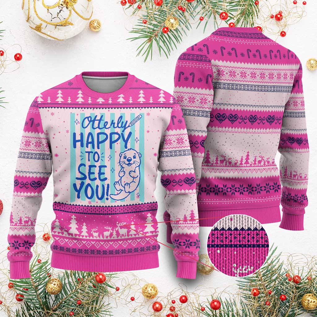 Cute Otter Pun Back To School Retro Preppy Ugly Christmas Sweater Otterly Happy To See You