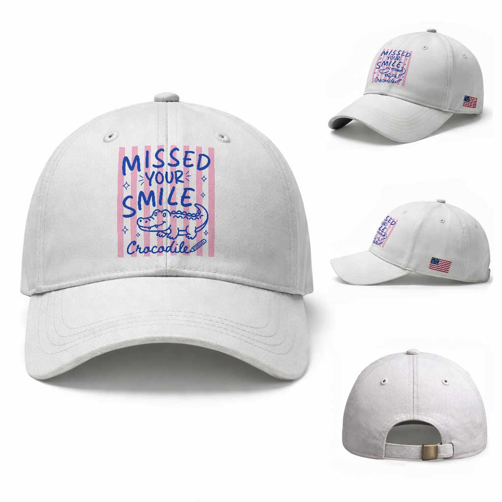 Cute Crocodile Pun Back To School Retro Preppy Baseball Cap Missed Your Smile Crocodile