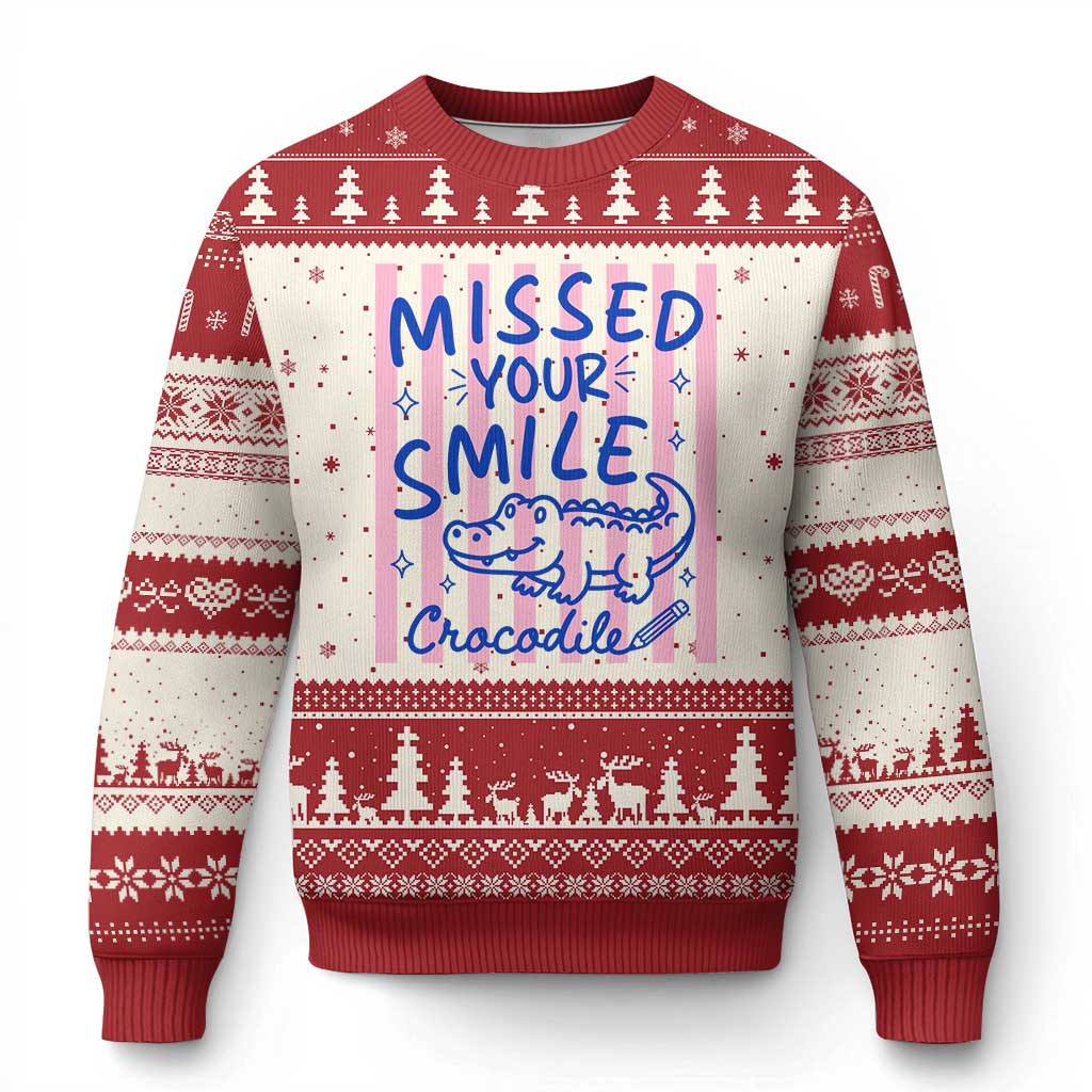 Cute Crocodile Pun Back To School Retro Preppy Ugly Christmas Sweater Missed Your Smile Crocodile