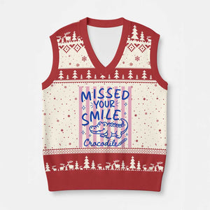 Cute Crocodile Pun Back To School Retro Preppy V-Neck Knit Sweater Vest Missed Your Smile Crocodile