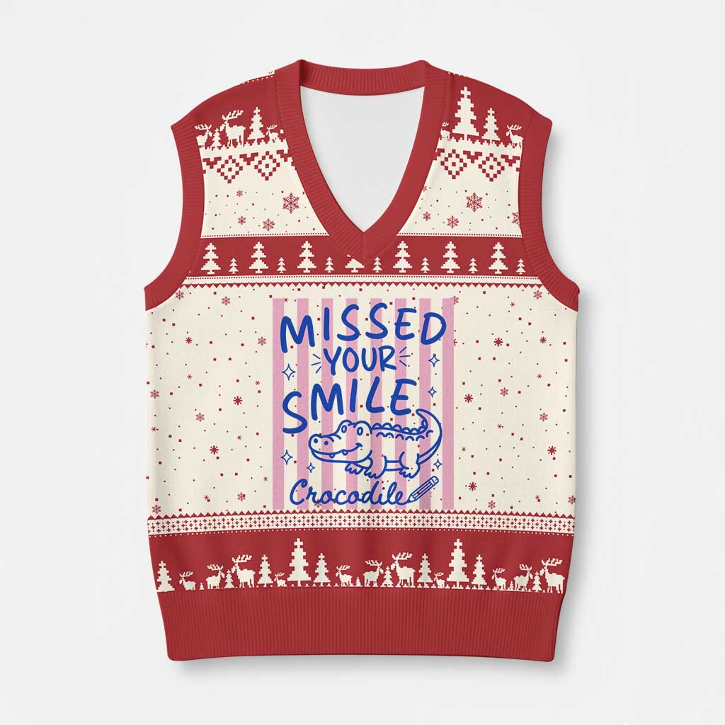 Cute Crocodile Pun Back To School Retro Preppy V-Neck Knit Sweater Vest Missed Your Smile Crocodile TS02 Beige Red Print Your Wear