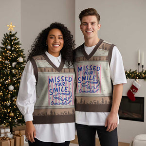 Cute Crocodile Pun Back To School Retro Preppy V-Neck Knit Sweater Vest Missed Your Smile Crocodile