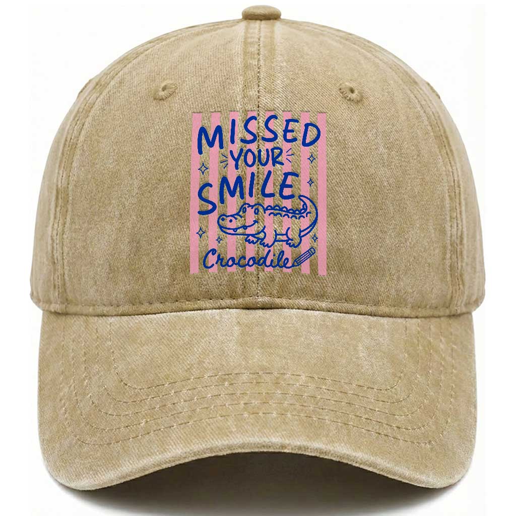 Cute Crocodile Pun Back To School Retro Preppy Washed Cotton Baseball Cap Missed Your Smile Crocodile TS02 Print Your Wear