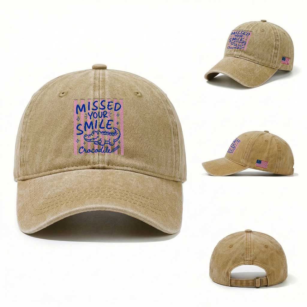 Cute Crocodile Pun Back To School Retro Preppy Washed Cotton Baseball Cap Missed Your Smile Crocodile