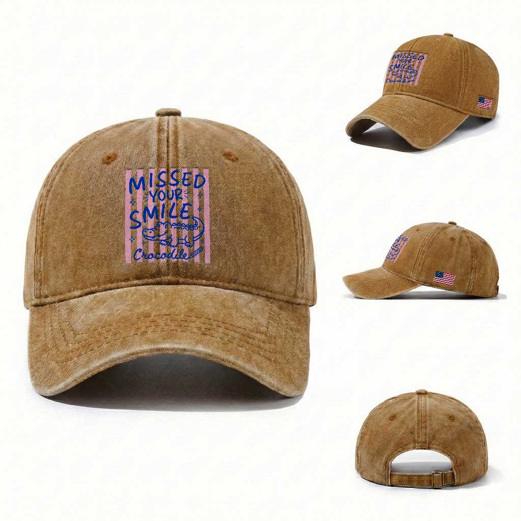Cute Crocodile Pun Back To School Retro Preppy Washed Cotton Baseball Cap Missed Your Smile Crocodile