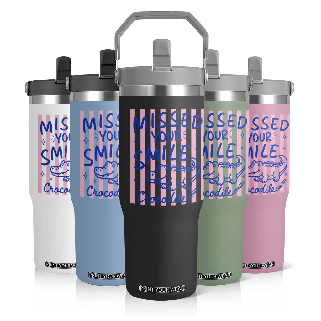 Cute Crocodile Pun Back To School Retro Preppy Flip Straw Tumbler Missed Your Smile Crocodile