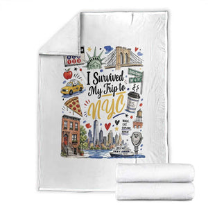 I Survived My Trip To NYC Iconic Symbols Graphic Throw Blanket Funny New York City Travel Humor Vacation Souvernir