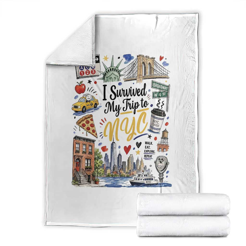 I Survived My Trip To NYC Iconic Symbols Graphic Throw Blanket Funny New York City Travel Humor Vacation Souvernir TS02 White Print Your Wear