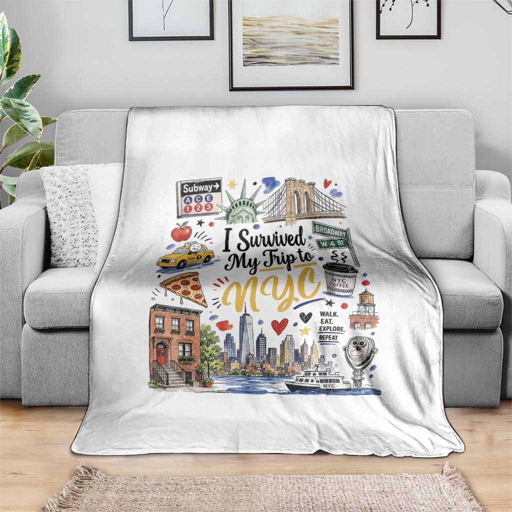 I Survived My Trip To NYC Iconic Symbols Graphic Throw Blanket Funny New York City Travel Humor Vacation Souvernir