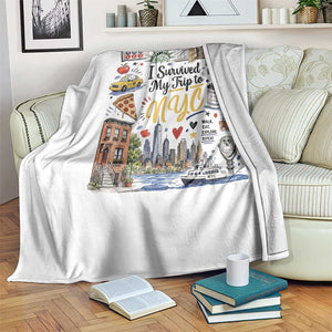 I Survived My Trip To NYC Iconic Symbols Graphic Throw Blanket Funny New York City Travel Humor Vacation Souvernir