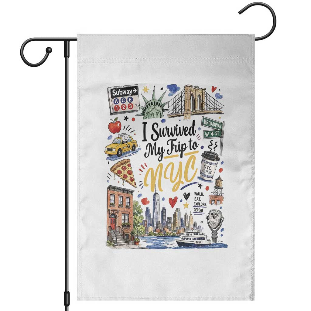I Survived My Trip To NYC Iconic Symbols Graphic Garden Flag Funny New York City Travel Humor Vacation Souvernir TS02 White Print Your Wear