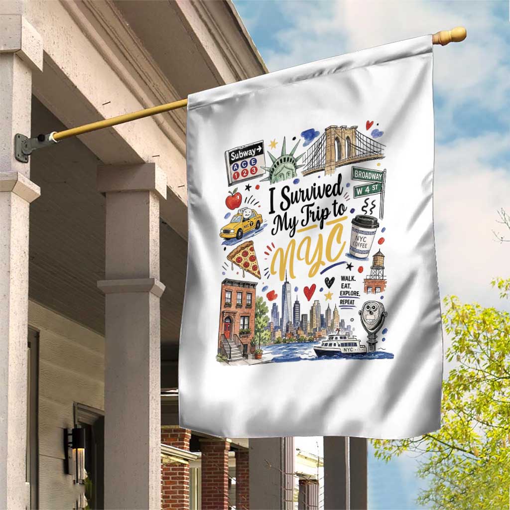 I Survived My Trip To NYC Iconic Symbols Graphic Garden Flag Funny New York City Travel Humor Vacation Souvernir