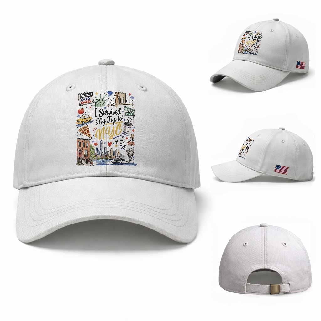 I Survived My Trip To NYC Iconic Symbols Graphic Baseball Cap Funny New York City Travel Humor Vacation Souvernir