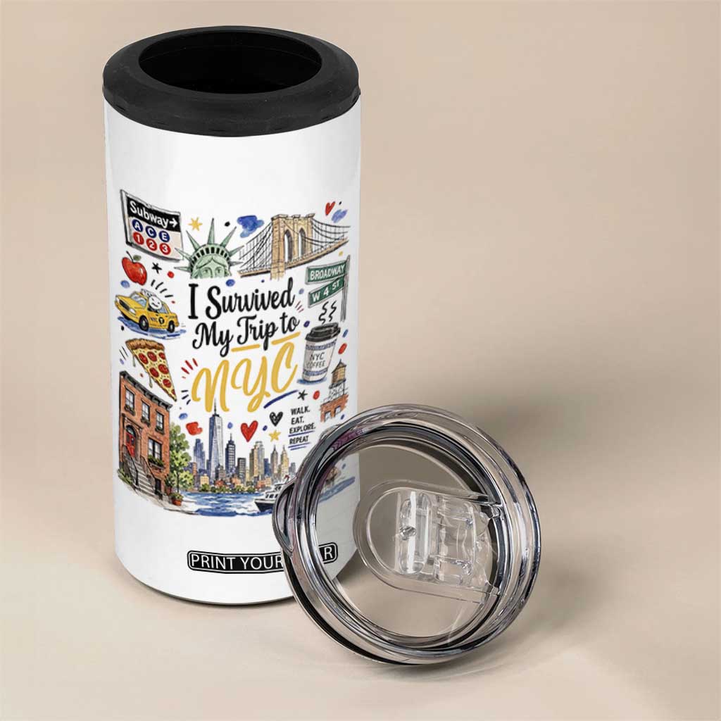 I Survived My Trip To NYC Iconic Symbols Graphic 4 in 1 Can Cooler Tumbler Funny New York City Travel Humor Vacation Souvernir