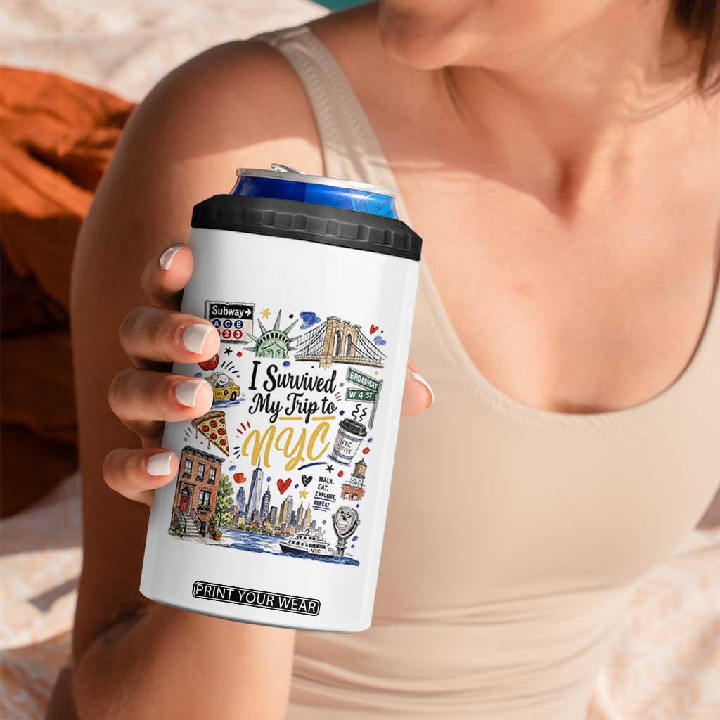 I Survived My Trip To NYC Iconic Symbols Graphic 4 in 1 Can Cooler Tumbler Funny New York City Travel Humor Vacation Souvernir