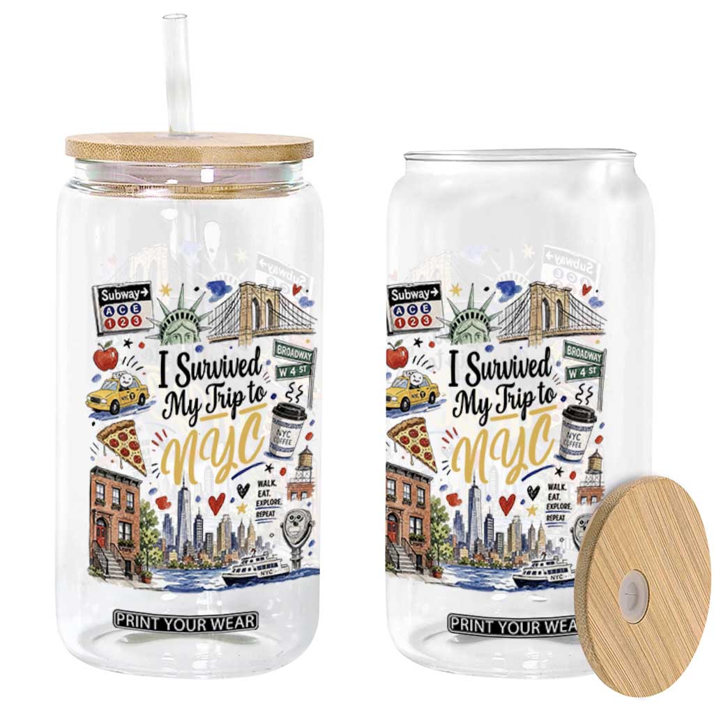 I Survived My Trip To NYC Iconic Symbols Graphic Glass Can Funny New York City Travel Humor Vacation Souvernir