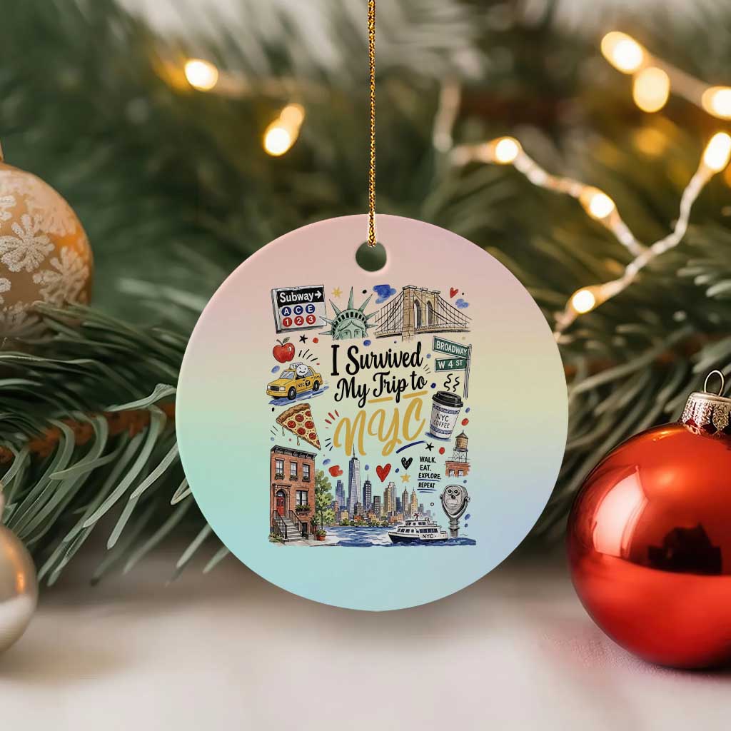 I Survived My Trip To NYC Iconic Symbols Graphic Ceramic Ornament Funny New York City Travel Humor Vacation Souvernir