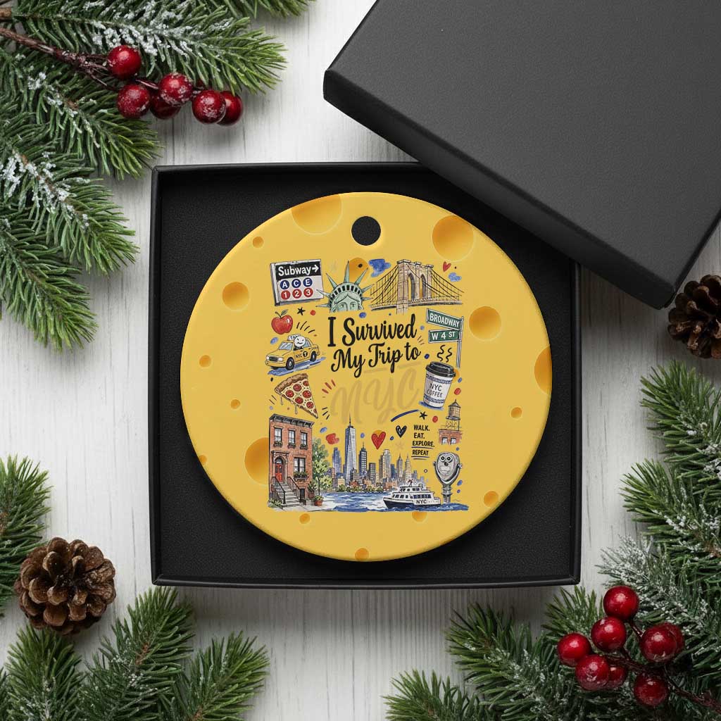 I Survived My Trip To NYC Iconic Symbols Graphic Ceramic Ornament Funny New York City Travel Humor Vacation Souvernir