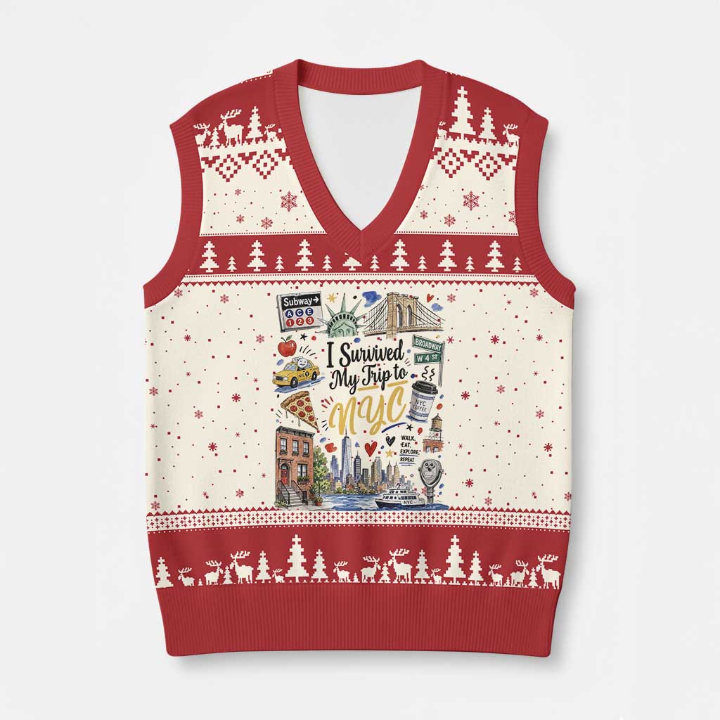 I Survived My Trip To NYC Iconic Symbols Graphic V-Neck Knit Sweater Vest Funny New York City Travel Humor Vacation Souvernir TS02 Beige Red Print Your Wear
