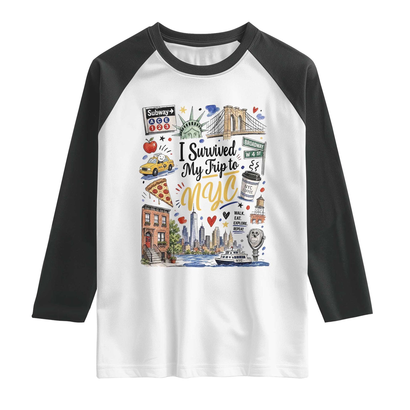 I Survived My Trip To NYC Iconic Symbols Graphic Raglan Shirt Funny New York City Travel Humor Vacation Souvernir TS02 White Black Print Your Wear