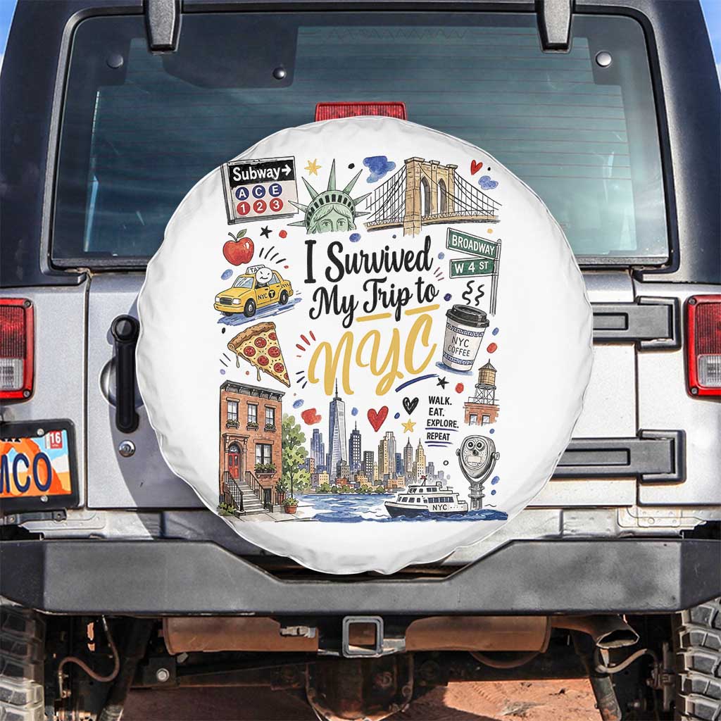 I Survived My Trip To NYC Iconic Symbols Graphic Spare Tire Cover Funny New York City Travel Humor Vacation Souvernir TS02 No hole White Print Your Wear