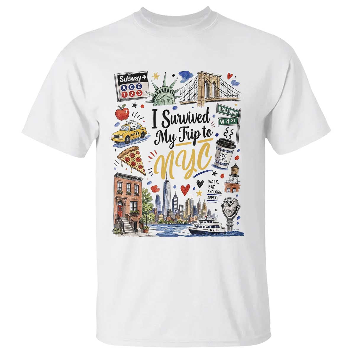 I Survived My Trip To NYC Iconic Symbols Graphic T Shirt Funny New York City Travel Humor Vacation Souvernir TS02 White Print Your Wear