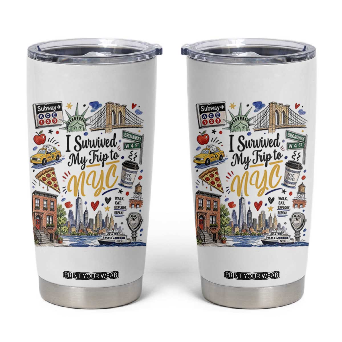 I Survived My Trip To NYC Iconic Symbols Graphic Tumbler Cup Funny New York City Travel Humor Vacation Souvernir