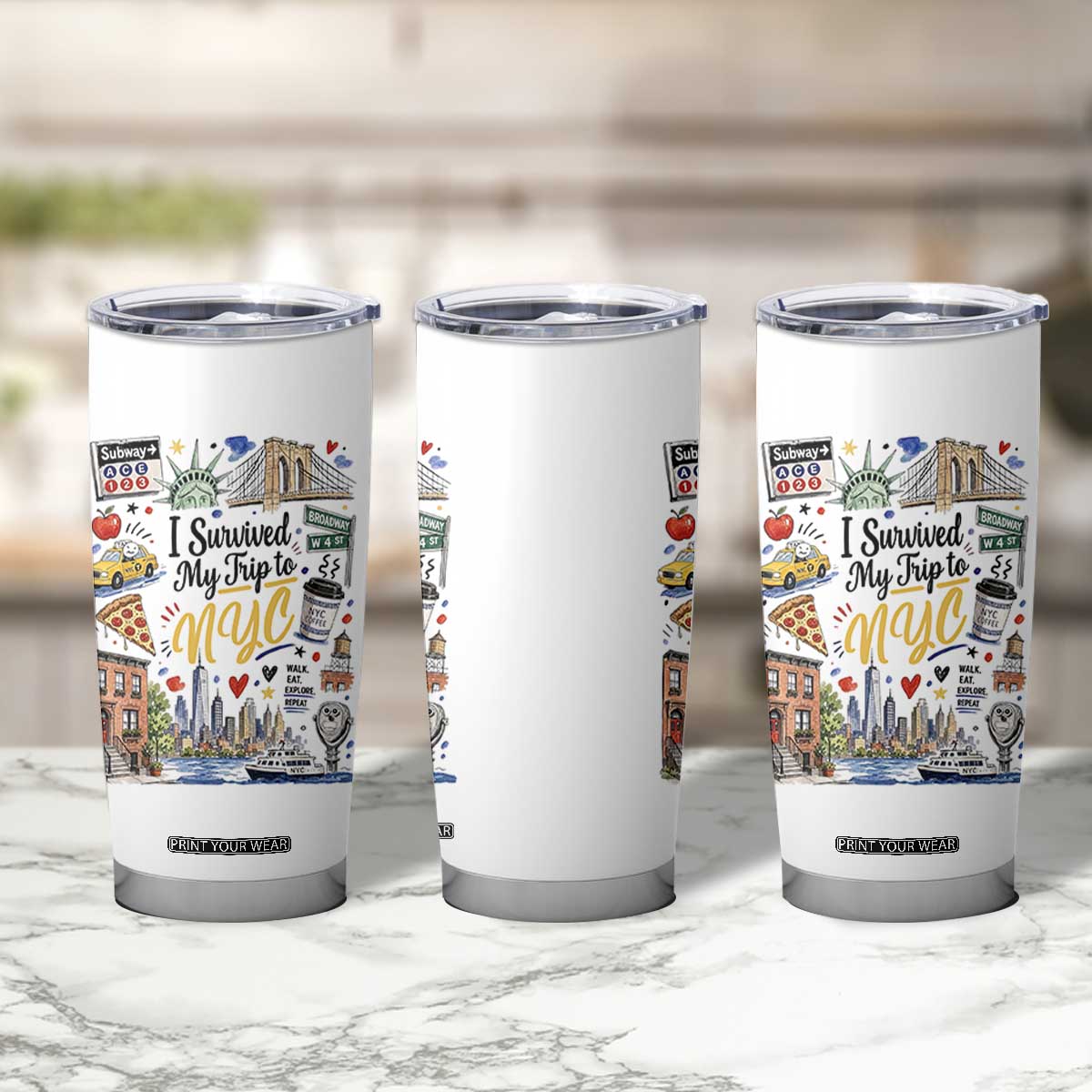 I Survived My Trip To NYC Iconic Symbols Graphic Tumbler Cup Funny New York City Travel Humor Vacation Souvernir