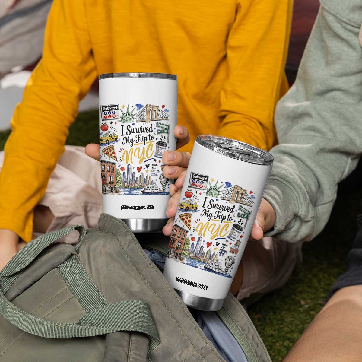 I Survived My Trip To NYC Iconic Symbols Graphic Tumbler Cup Funny New York City Travel Humor Vacation Souvernir