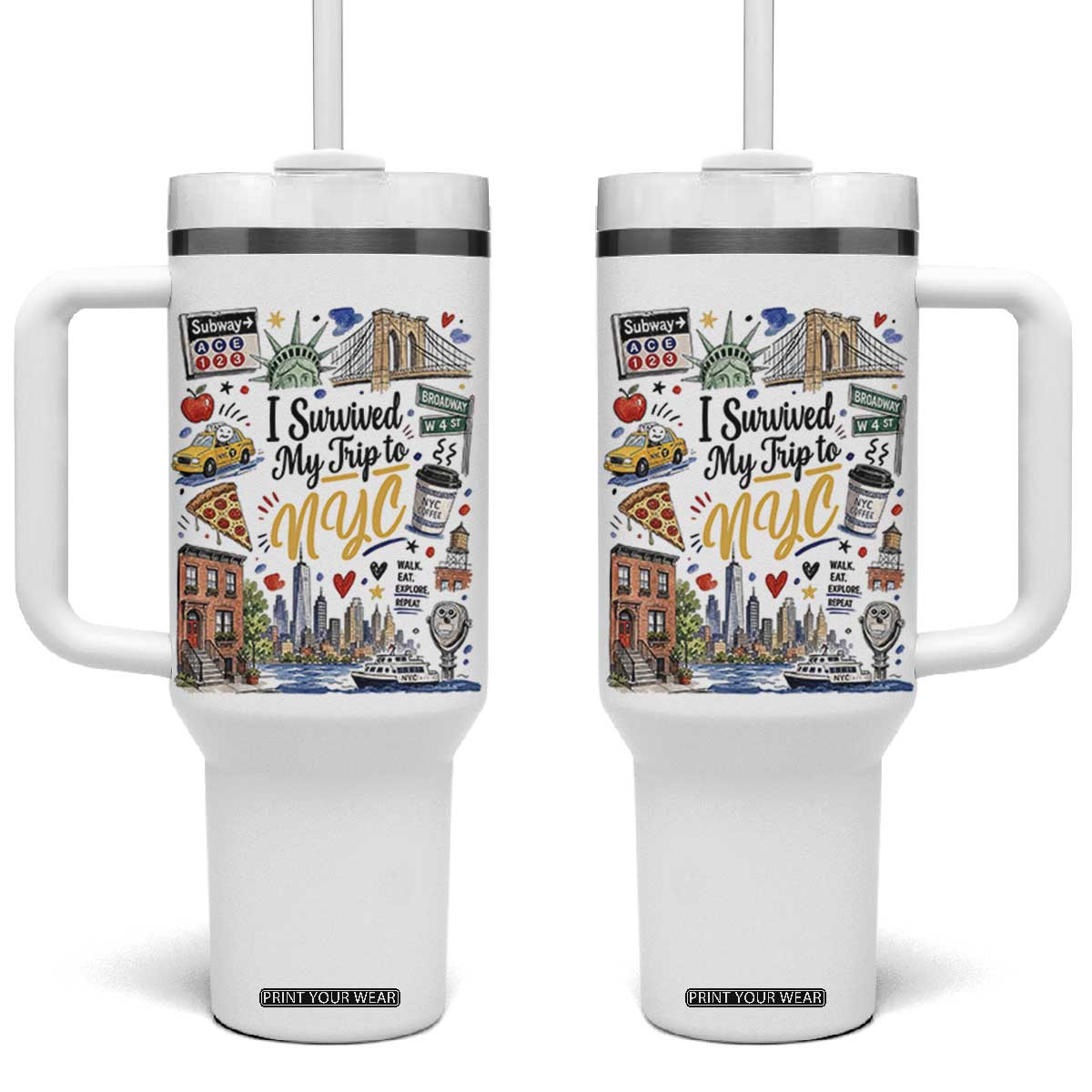 I Survived My Trip To NYC Iconic Symbols Graphic Tumbler With Handle Funny New York City Travel Humor Vacation Souvernir
