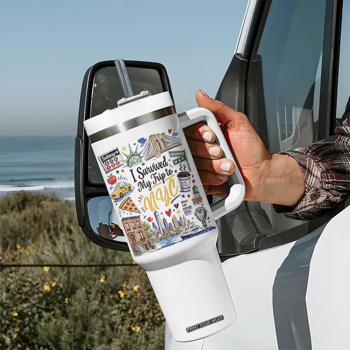 I Survived My Trip To NYC Iconic Symbols Graphic Tumbler With Handle Funny New York City Travel Humor Vacation Souvernir