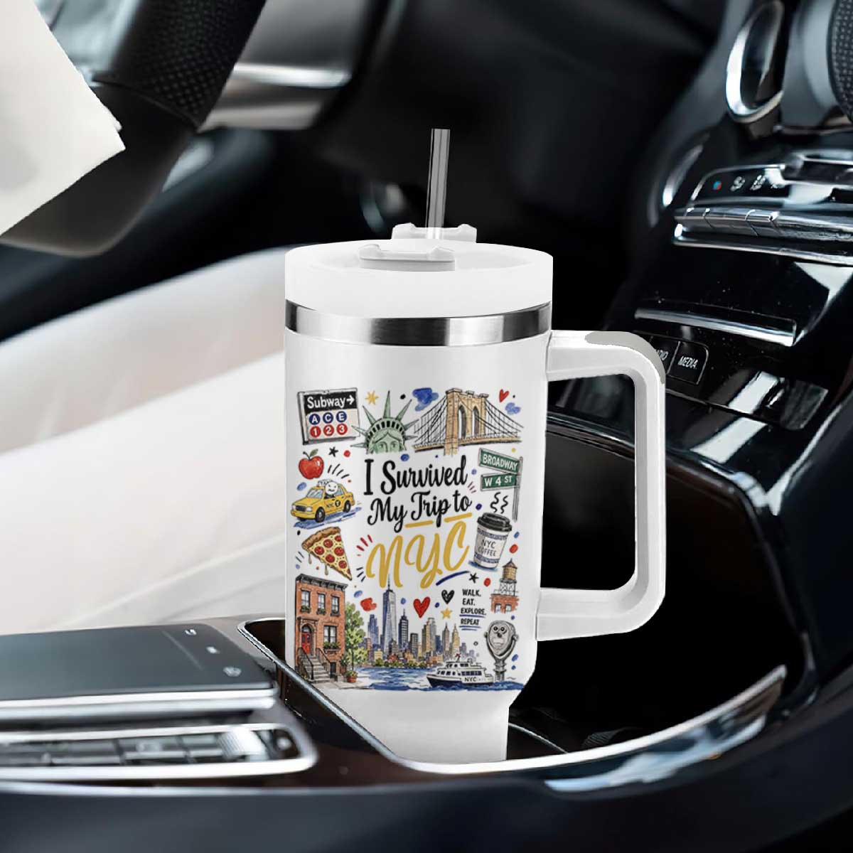 I Survived My Trip To NYC Iconic Symbols Graphic Tumbler With Handle Funny New York City Travel Humor Vacation Souvernir