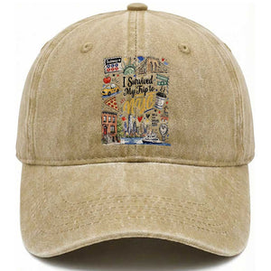 I Survived My Trip To NYC Iconic Symbols Graphic Washed Cotton Baseball Cap Funny New York City Travel Humor Vacation Souvernir