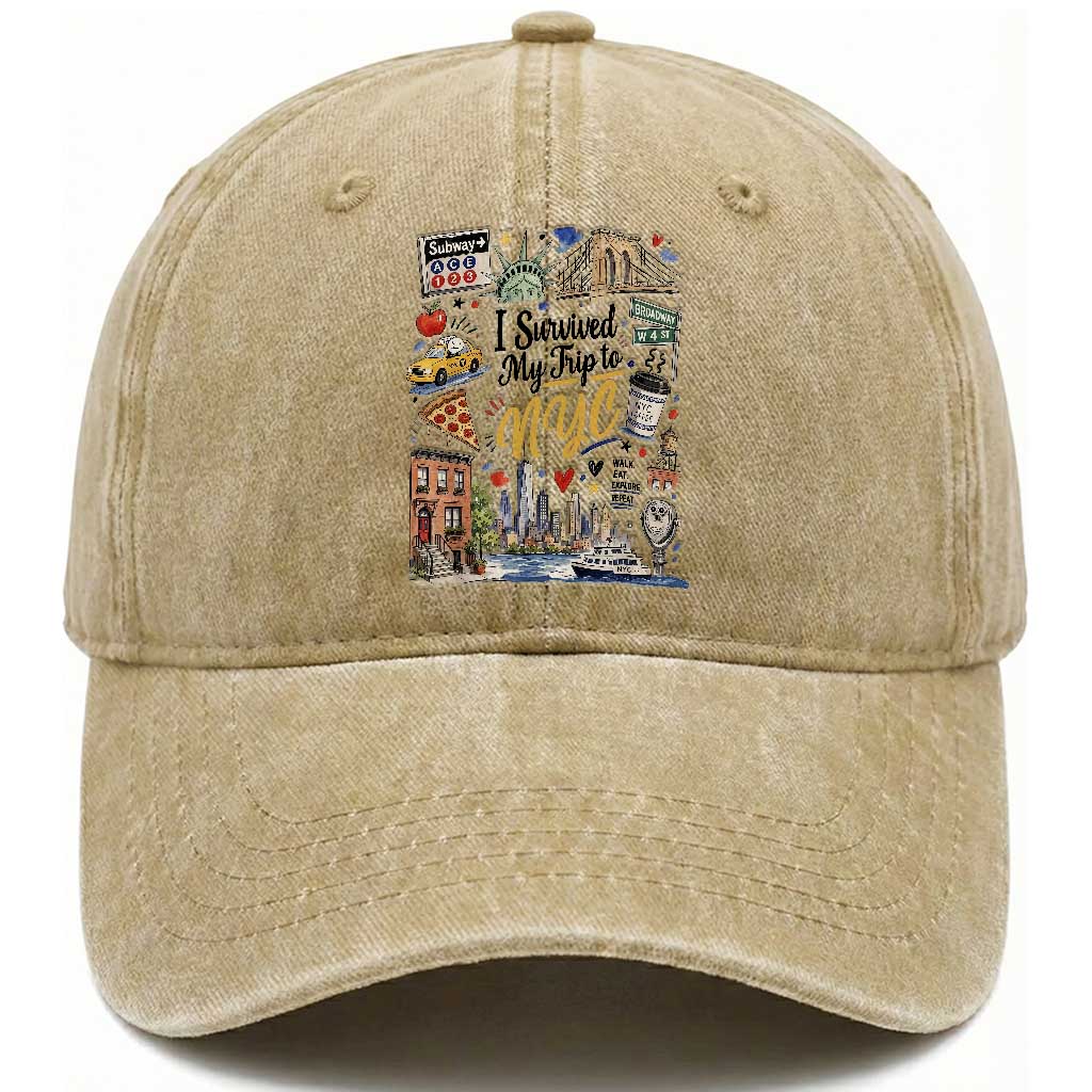 I Survived My Trip To NYC Iconic Symbols Graphic Washed Cotton Baseball Cap Funny New York City Travel Humor Vacation Souvernir TS02 Print Your Wear